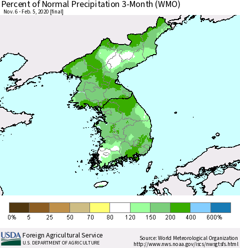 Korea Percent of Normal Precipitation 3-Month (WMO) Thematic Map For 11/6/2019 - 2/5/2020