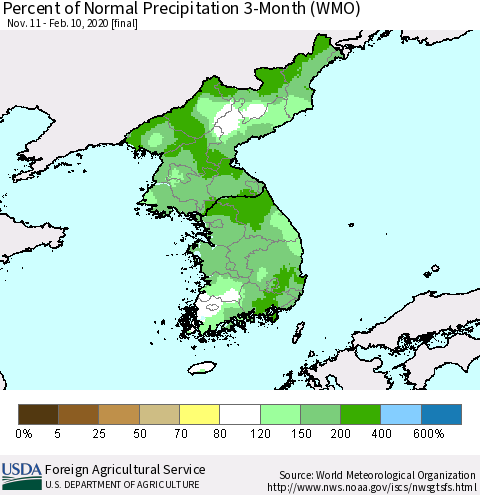 Korea Percent of Normal Precipitation 3-Month (WMO) Thematic Map For 11/11/2019 - 2/10/2020