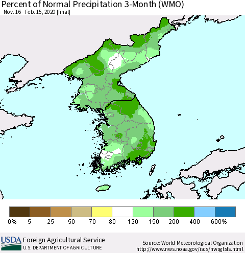 Korea Percent of Normal Precipitation 3-Month (WMO) Thematic Map For 11/16/2019 - 2/15/2020