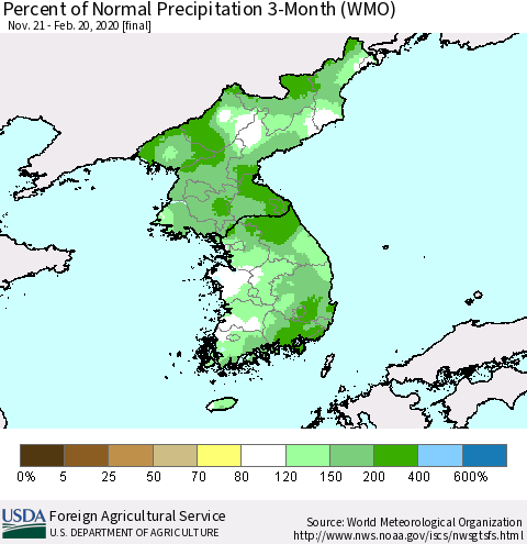 Korea Percent of Normal Precipitation 3-Month (WMO) Thematic Map For 11/21/2019 - 2/20/2020