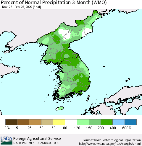 Korea Percent of Normal Precipitation 3-Month (WMO) Thematic Map For 11/26/2019 - 2/25/2020