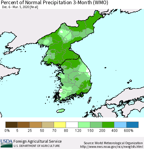Korea Percent of Normal Precipitation 3-Month (WMO) Thematic Map For 12/6/2019 - 3/5/2020