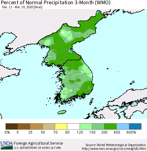 Korea Percent of Normal Precipitation 3-Month (WMO) Thematic Map For 12/11/2019 - 3/10/2020