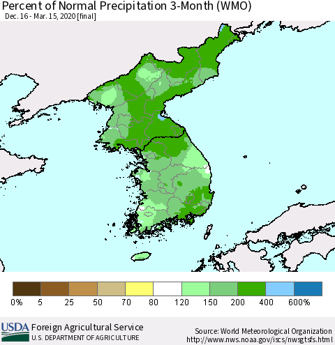 Korea Percent of Normal Precipitation 3-Month (WMO) Thematic Map For 12/16/2019 - 3/15/2020