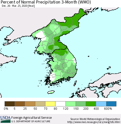 Korea Percent of Normal Precipitation 3-Month (WMO) Thematic Map For 12/26/2019 - 3/25/2020
