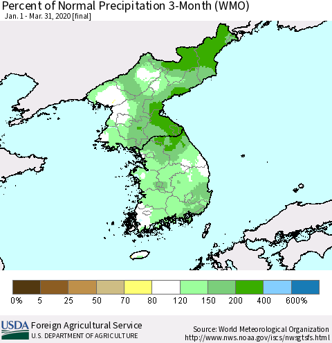 Korea Percent of Normal Precipitation 3-Month (WMO) Thematic Map For 1/1/2020 - 3/31/2020