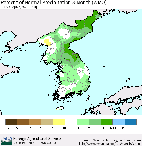 Korea Percent of Normal Precipitation 3-Month (WMO) Thematic Map For 1/6/2020 - 4/5/2020