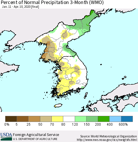 Korea Percent of Normal Precipitation 3-Month (WMO) Thematic Map For 1/11/2020 - 4/10/2020