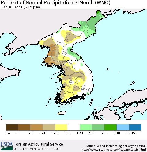 Korea Percent of Normal Precipitation 3-Month (WMO) Thematic Map For 1/16/2020 - 4/15/2020