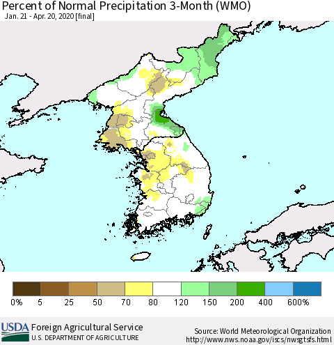 Korea Percent of Normal Precipitation 3-Month (WMO) Thematic Map For 1/21/2020 - 4/20/2020