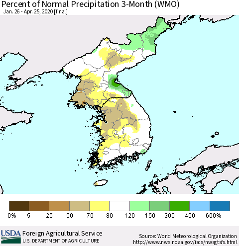 Korea Percent of Normal Precipitation 3-Month (WMO) Thematic Map For 1/26/2020 - 4/25/2020