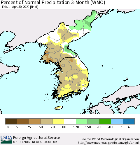 Korea Percent of Normal Precipitation 3-Month (WMO) Thematic Map For 2/1/2020 - 4/30/2020