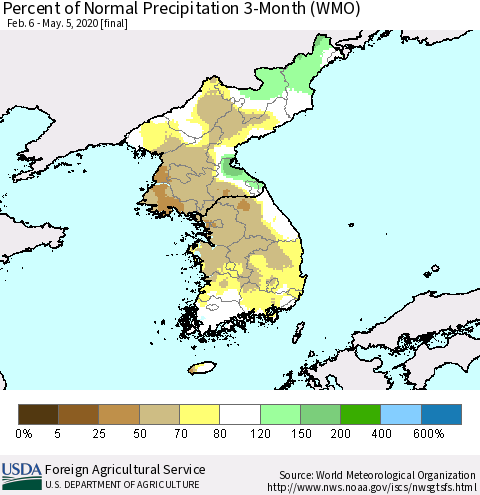Korea Percent of Normal Precipitation 3-Month (WMO) Thematic Map For 2/6/2020 - 5/5/2020