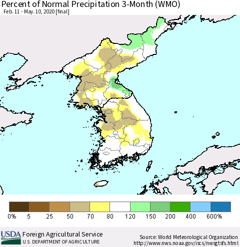 Korea Percent of Normal Precipitation 3-Month (WMO) Thematic Map For 2/11/2020 - 5/10/2020