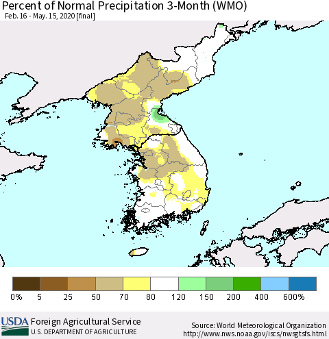 Korea Percent of Normal Precipitation 3-Month (WMO) Thematic Map For 2/16/2020 - 5/15/2020