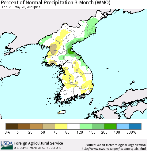 Korea Percent of Normal Precipitation 3-Month (WMO) Thematic Map For 2/21/2020 - 5/20/2020