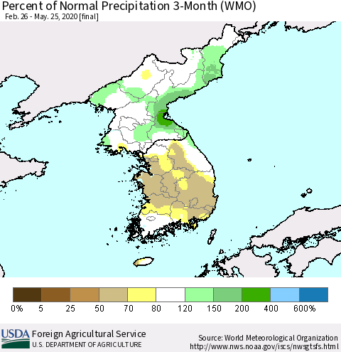 Korea Percent of Normal Precipitation 3-Month (WMO) Thematic Map For 2/26/2020 - 5/25/2020