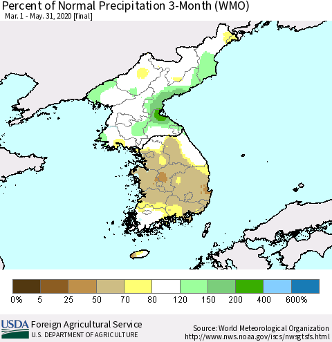 Korea Percent of Normal Precipitation 3-Month (WMO) Thematic Map For 3/1/2020 - 5/31/2020