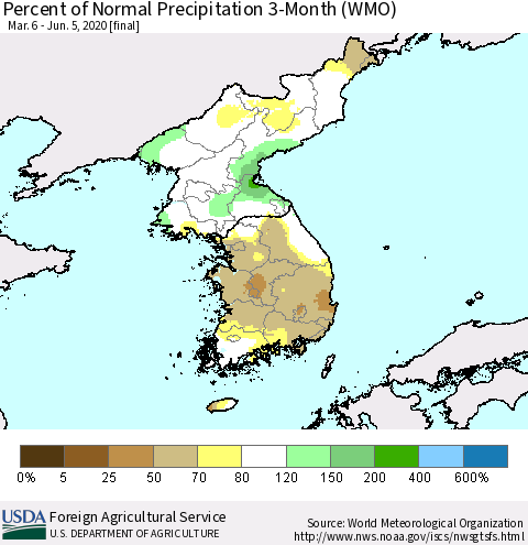 Korea Percent of Normal Precipitation 3-Month (WMO) Thematic Map For 3/6/2020 - 6/5/2020