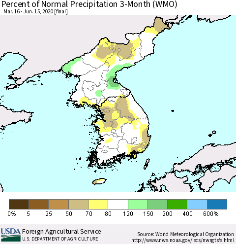 Korea Percent of Normal Precipitation 3-Month (WMO) Thematic Map For 3/16/2020 - 6/15/2020