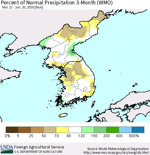 Korea Percent of Normal Precipitation 3-Month (WMO) Thematic Map For 3/21/2020 - 6/20/2020