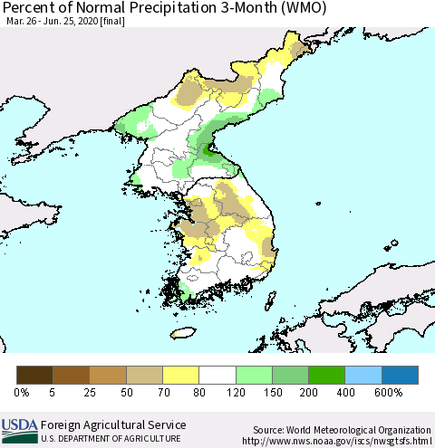 Korea Percent of Normal Precipitation 3-Month (WMO) Thematic Map For 3/26/2020 - 6/25/2020