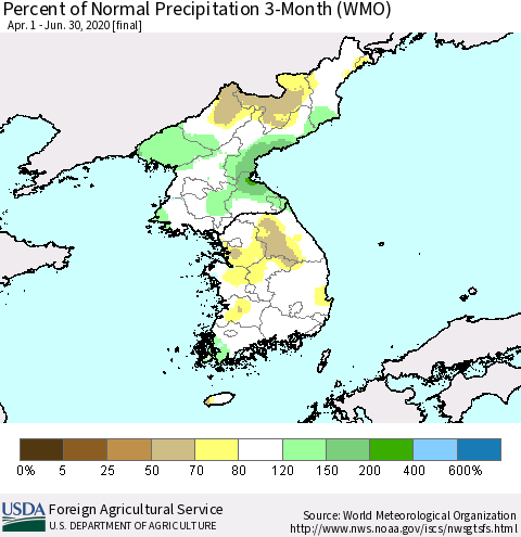 Korea Percent of Normal Precipitation 3-Month (WMO) Thematic Map For 4/1/2020 - 6/30/2020