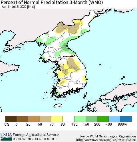 Korea Percent of Normal Precipitation 3-Month (WMO) Thematic Map For 4/6/2020 - 7/5/2020