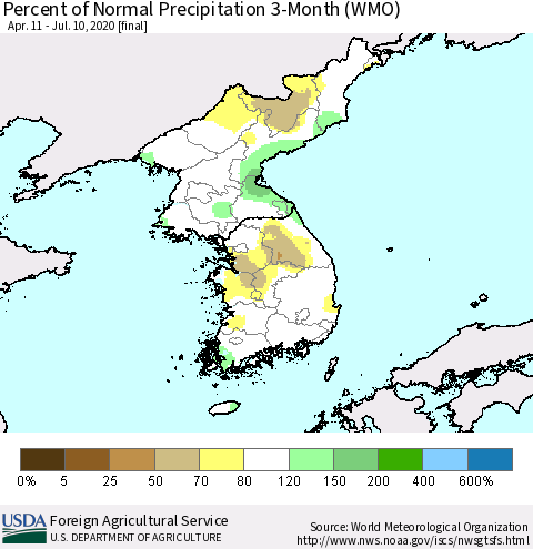 Korea Percent of Normal Precipitation 3-Month (WMO) Thematic Map For 4/11/2020 - 7/10/2020