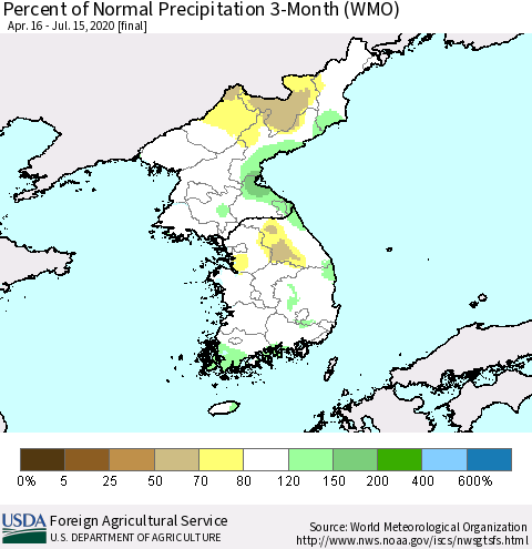 Korea Percent of Normal Precipitation 3-Month (WMO) Thematic Map For 4/16/2020 - 7/15/2020