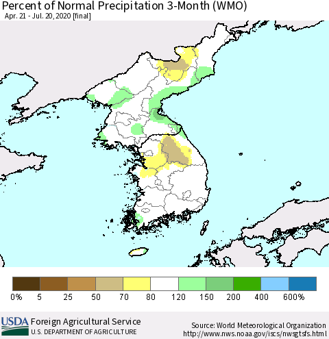 Korea Percent of Normal Precipitation 3-Month (WMO) Thematic Map For 4/21/2020 - 7/20/2020