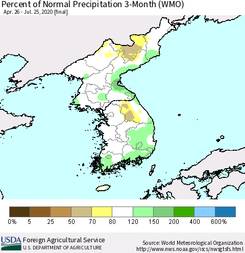 Korea Percent of Normal Precipitation 3-Month (WMO) Thematic Map For 4/26/2020 - 7/25/2020