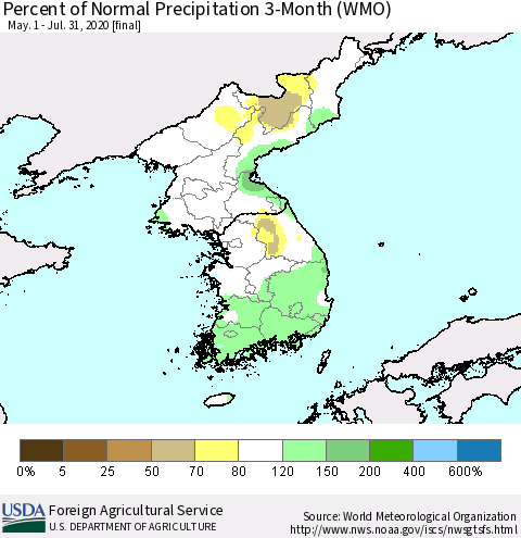 Korea Percent of Normal Precipitation 3-Month (WMO) Thematic Map For 5/1/2020 - 7/31/2020
