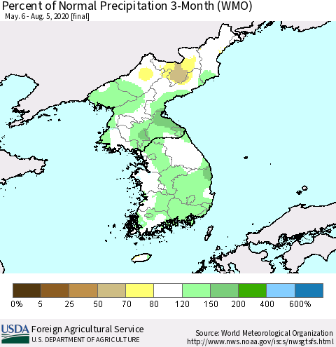 Korea Percent of Normal Precipitation 3-Month (WMO) Thematic Map For 5/6/2020 - 8/5/2020