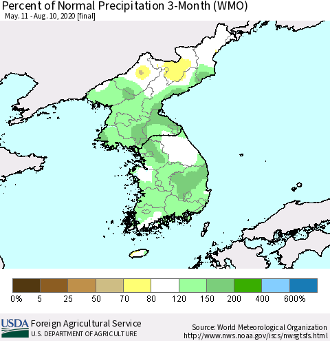 Korea Percent of Normal Precipitation 3-Month (WMO) Thematic Map For 5/11/2020 - 8/10/2020