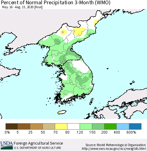 Korea Percent of Normal Precipitation 3-Month (WMO) Thematic Map For 5/16/2020 - 8/15/2020