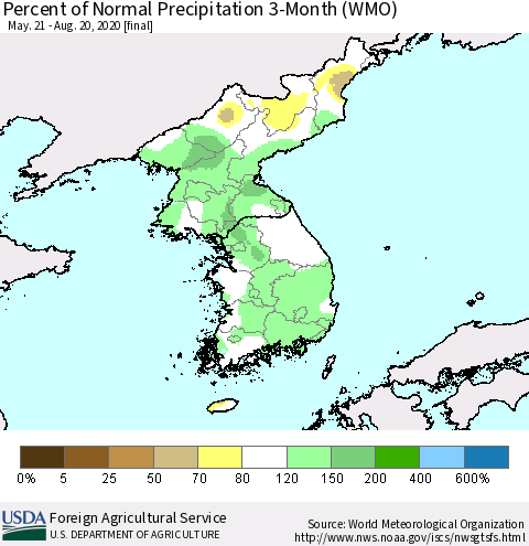 Korea Percent of Normal Precipitation 3-Month (WMO) Thematic Map For 5/21/2020 - 8/20/2020