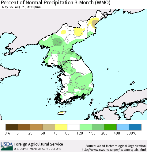 Korea Percent of Normal Precipitation 3-Month (WMO) Thematic Map For 5/26/2020 - 8/25/2020