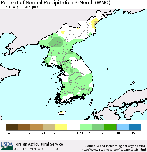 Korea Percent of Normal Precipitation 3-Month (WMO) Thematic Map For 6/1/2020 - 8/31/2020