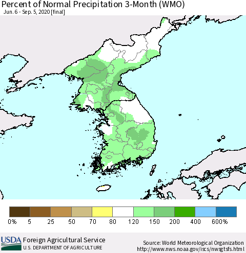 Korea Percent of Normal Precipitation 3-Month (WMO) Thematic Map For 6/6/2020 - 9/5/2020