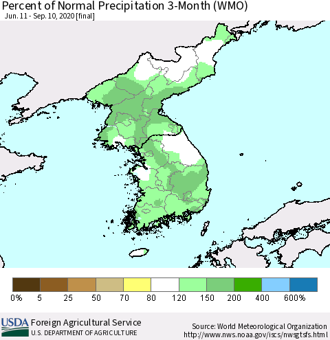 Korea Percent of Normal Precipitation 3-Month (WMO) Thematic Map For 6/11/2020 - 9/10/2020