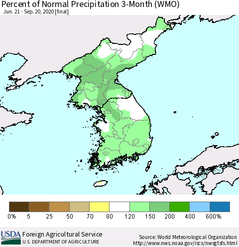 Korea Percent of Normal Precipitation 3-Month (WMO) Thematic Map For 6/21/2020 - 9/20/2020