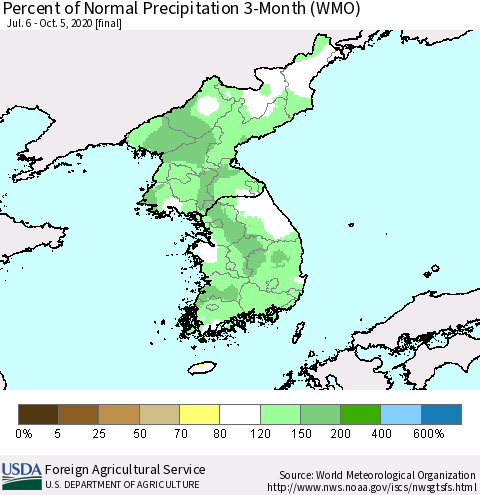 Korea Percent of Normal Precipitation 3-Month (WMO) Thematic Map For 7/6/2020 - 10/5/2020