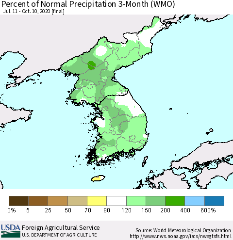 Korea Percent of Normal Precipitation 3-Month (WMO) Thematic Map For 7/11/2020 - 10/10/2020
