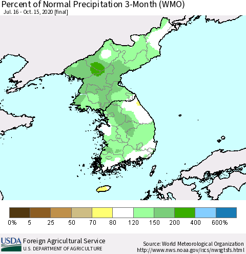 Korea Percent of Normal Precipitation 3-Month (WMO) Thematic Map For 7/16/2020 - 10/15/2020