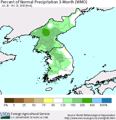 Korea Percent of Normal Precipitation 3-Month (WMO) Thematic Map For 7/26/2020 - 10/25/2020