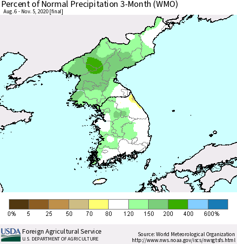 Korea Percent of Normal Precipitation 3-Month (WMO) Thematic Map For 8/6/2020 - 11/5/2020