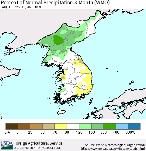Korea Percent of Normal Precipitation 3-Month (WMO) Thematic Map For 8/16/2020 - 11/15/2020