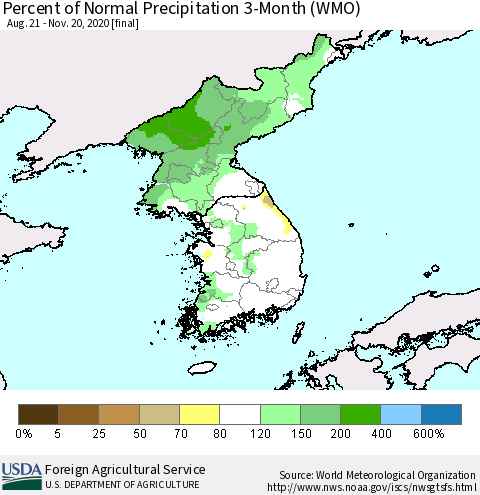 Korea Percent of Normal Precipitation 3-Month (WMO) Thematic Map For 8/21/2020 - 11/20/2020
