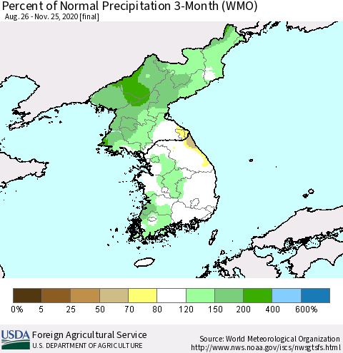 Korea Percent of Normal Precipitation 3-Month (WMO) Thematic Map For 8/26/2020 - 11/25/2020